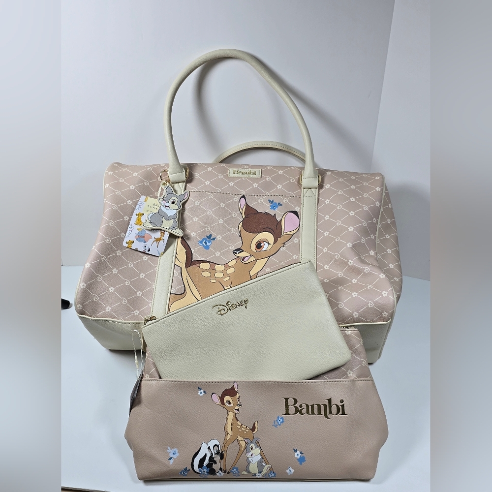 Primark Disney Bambi Beige and White Travel Bag Weekender W/ 2 Pc Cosmetic Bag - Picture 2 of 2